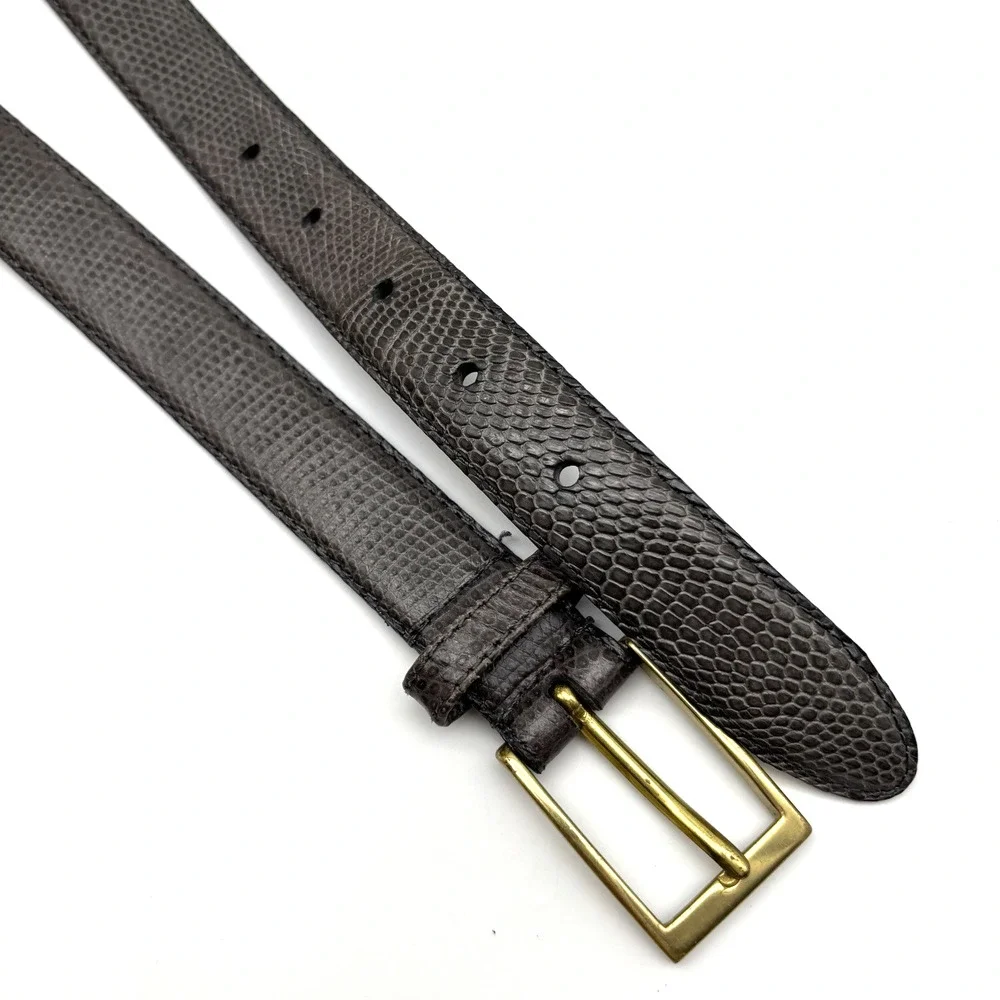 Vintage 80s Alfani Gray Genuine Lizard Leather Brass Buckle Dress Belt 36 34-38